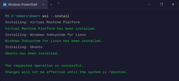PowerShell running wsl --install command showing WSL2 and Ubuntu installation on Windows