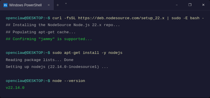 WSL terminal showing Node.js 22 installation via NodeSource on Ubuntu
